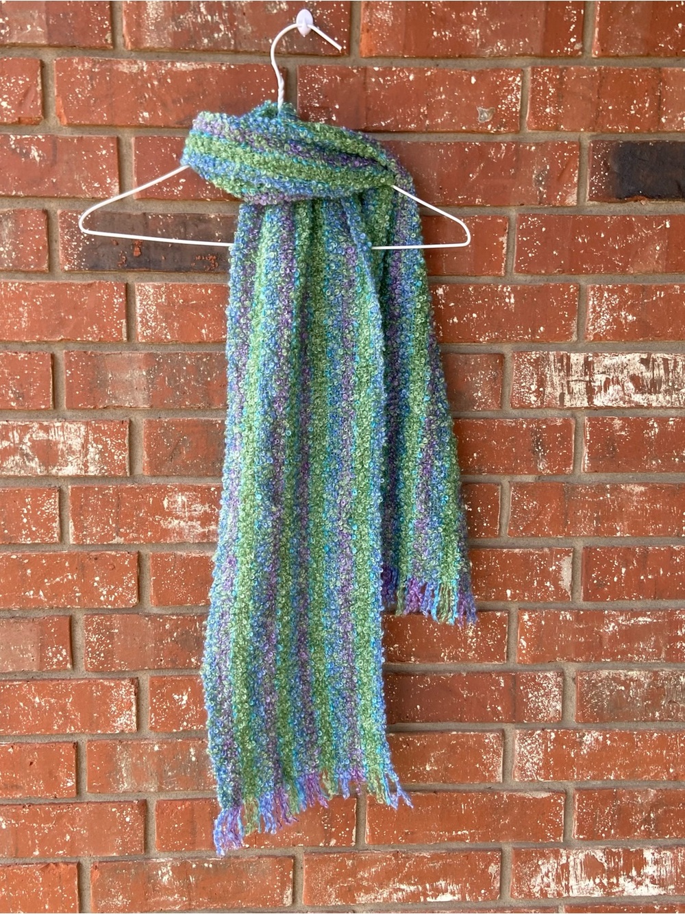 Hand-Knit Bouclé Scarf in Green & Blue